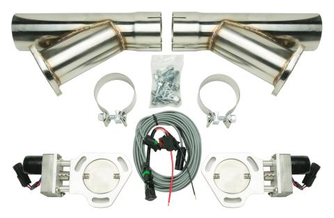 Dual Y Exhaust Electric Dump Cutout 3 in Natural Finish Hardware Included Aluminum And 304 Stainless Steel Material Pypes Exhaust