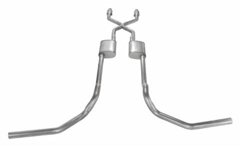 Crossmember Back w/X-Pipe Exhaust System 75-76 Ford Truck Split Rear Dual Exit 2.5 in Intermediate And Tail Pipe Hardware Incl Muffler And Tip Not Incl Catalytic Converter Incl Pypes Exhaust