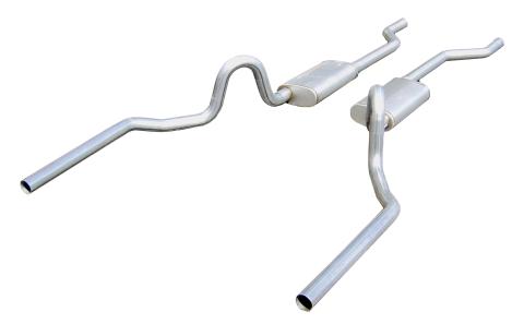 Crossmember Back Without X-Pipe Exhaust System 64-72 A-Body Split Rear Dual Exit 2.5 in Intermediate/Tail Pipe Street Pro Mufflers/Hardware Incl Tip Not Incl Natural 409 StainlessSteel Pypes Exhaust