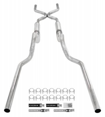 Crossmember Back W/ H-Pipe Exhaust System 63-66 GM Truck Split Rear Dual Exit 2.5 Inch Intermediate And Tailpipe Hardware Incl Muffler And Tip Not Incl Stainless Steel Pypes Exhaust