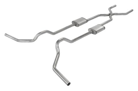 Crossmember Back w/H-Pipe Exhaust System 67-74 GM Split Rear Dual Exit 2.5 in Intermediate And Tail Pipe Muffler And Tip Not Incl Natural Finish 409 Stainless Steel Pypes Exhaust