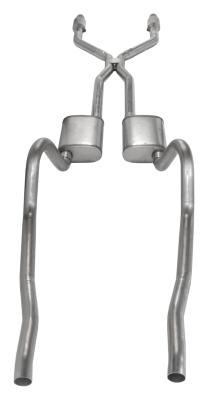 Crossmember Back w/H-Pipe Exhaust System 75-76 Mopar A-Body Split Rear Dual Exit 2.5 in Intermediate And Tail Pipe Hardware Incl Muffler And Tip Not Incl Catalytic Converter Incl Pypes Exhaust