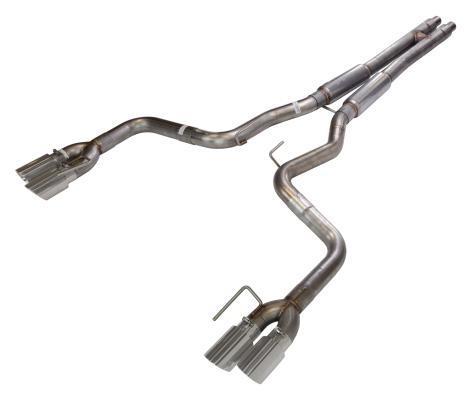 Cat Back Exhaust System 18-Pres Mustang GT Split Rear Quad Exit 3 in Quad 304 Stainless Steel Polished Tips Incl Mid Muffler/H-Pipe/Hardware 409 Stainless Steel Natural Finish Pypes Exhaust