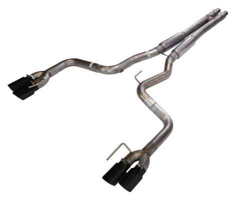 Cat Back Exhaust System 18-Pres Mustang GT Split Rear Quad Exit 3 in Quad 304 Stainless Steel Black Coated Tips Incl Hardware/Mid Muffler/H-Pipe 409 Stainless Steel Natural Finish Pypes Exhaust