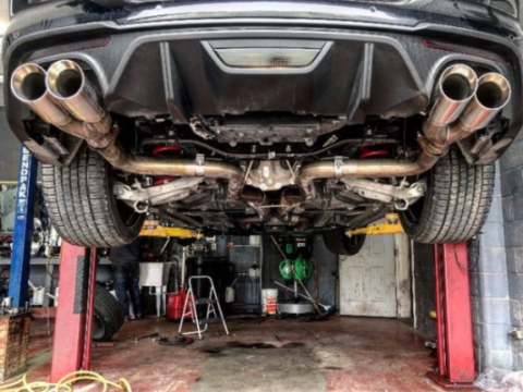 Cat Back Exhaust System 18-Pres Mustang GT Split Rear Quad Exit 3 in Quad 304 Stainless Steel Polished Tips Incl Hardware/Mid Muffler/X Pipe 409 Stainless Steel Natural Finish Pypes Exhaust