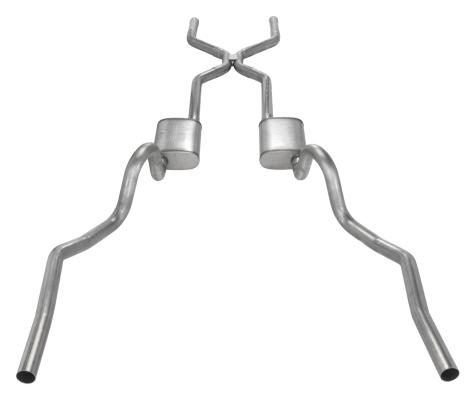 Crossmember Back w/H-Pipe Exhaust System 70-71 GTO/68-72 442 Dual Split Rear Valance Exit 2.5 in Intermediate And Tail Pipe Turbo Pro Mufflers And Hardware Incl Tip Not Incl Pypes Exhaust