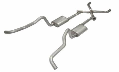 Crossmember Back w/X-Pipe Exhaust System 55-57 Tri-Five Chevy Split Rear Dual Exit 2.5 in Intermediate And Tail Pipe Turbo Pro Mufflers/Hardware Incl Tip Not Incl 409 Stainless Steel Pypes Exhaust