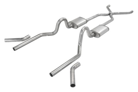 Crossmember Back w/H-Pipe Exhaust System 55-57 Tri-Five Chevy Split Rear Dual Exit 2.5 in Intermediate And Tail Pipe Turbo Pro Mufflers/Hardware Incl Tip Not Incl Pypes Exhaust