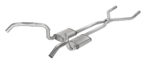 Crossmember Back w/H-Pipe Exhaust System 67-69 Split Rear Dual Exit 3 in Intermediate And Tail Pipe Hardware Incl Muffler And Tip Not Incl Natural 409 Stainless Steel Pypes Exhaust