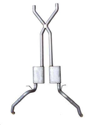 Crossmember Back w/X-Pipe Exhaust System 67-69 Split Rear Dual Exit 2.5 in Intermediate Pipe And Tailpipe Violator Mufflers/Hardware Incl Tip Not Incl Pypes Exhaust