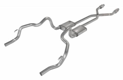 Crossmember Back w/X-Pipe Exhaust System 75-81 F-Body Split Rear Dual Exit 2.5 in Intermediate And Tail Pipe Hardware Incl Muffler And Tip Not Incl Catalytic Converter Incl Pypes Exhaust