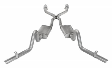 Crossmember Back w/X-Pipe Exhaust System 78-88 GM G-Body Split Rear Dual Exit 2.5 in Intermediate And Tail Pipe Turbo Pro Mufflers/Hardware Incl Tip Not Incl Natural 409 Stainless Steel Catalytic Converter Incl Pypes Exhaust