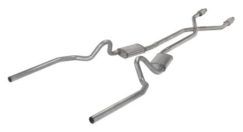 Crossmember Back w/X-Pipe Exhaust System 78-88 El Camino SS Split Rear Dual Exit 2.5 in Intermediate And Stainless Steel Tail Pipe Muffler And Tip Not Incl Natural Finish 409 Stainless Steel Catalytic Converter Incl Pypes Exhaust