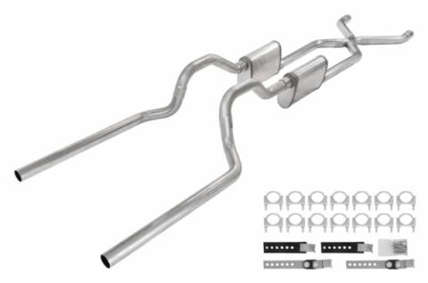 Crossmember Back W/ X-Pipe Exhaust System 63-66 GM Truck Split Rear Dual Exit 2.5 Inch Intermediate And Tailpipe Hardware Incl Race Pro Muffler Incl And Tip Not Incl Stainless Steel Pypes Exhaust