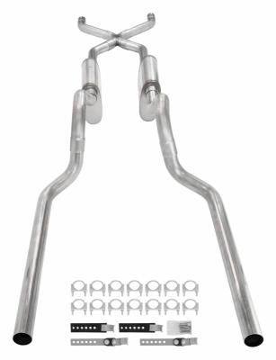 Crossmember Back W/ X-Pipe Exhaust System 63-66 GM Truck Split Rear Dual Exit 2.5 Inch Intermediate And Tailpipe Hardware Incl Turbo Pro Muffler Incl And Tip Not Incl Stainless Steel Pypes Exhaust