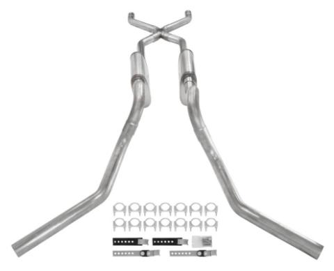 Crossmember Back W/ X-Pipe Exhaust System 63-66 GM Truck Split Side Dual Exit 2.5 Inch Intermediate And Tailpipe Hardware Incl Muffler And Tip Not Incl Stainless Steel Pypes Exhaust