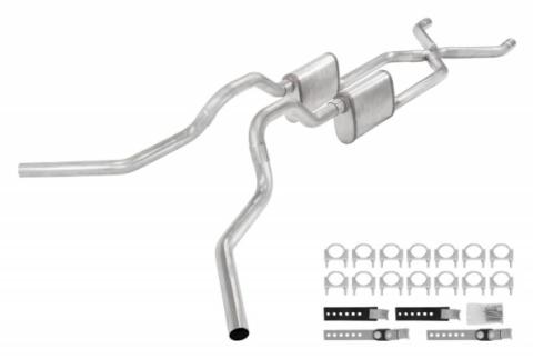 Crossmember Back W/ X-Pipe Exhaust System 63-66 GM Truck Split Side Dual Exit 2.5 Inch Intermediate And Tailpipe Hardware Incl Turbo Pro Muffler Incl And Tip Not Incl Stainless Steel Pypes Exhaust