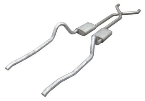 Crossmember Back w/X-Pipe Exhaust System 67-73 Mopar A-Body Split Rear Dual Exit 2.5 in Intermediate And Tail Pipe Hardware Incl Muffler And Tip Not Incl Pypes Exhaust