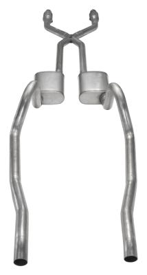 Crossmember Back w/X-Pipe Exhaust System 75-76 Mopar A-Body Split Rear Dual Exit 2.5 in Intermediate And Tail Pipe Hardware Incl Muffler And Tip Not Incl Catalytic Converter Incl Pypes Exhaust
