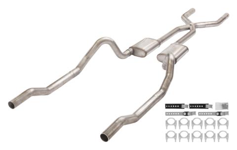 1966-1974 Mopar B-Body 3 Inch Crossmember Back Exhaust System With X-Pipe 409 Stainless With Street Pro Mufflers SMB13S
