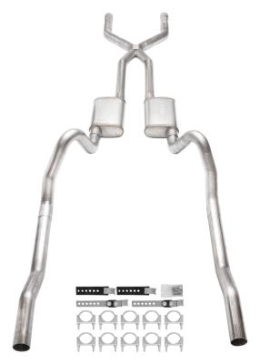 1966-1974 Mopar B-Body 3 Inch Crossmember Back Exhaust System With X-Pipe 409 Stainless With Violator Mufflers SMB13V