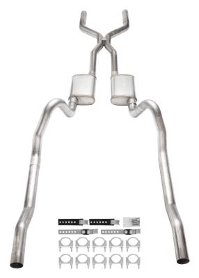 1966-1974 Mopar B-Body 3 Inch Crossmember Back Exhaust System With H-Pipe 409 Stainless With Street Pro Mufflers SMB43S