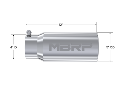 Exhaust Tail Pipe Tip 5 Inch O.D. Rolled Straight 4 Inch Inlet 12 Inch Length T304 Stainless Steel MBRP