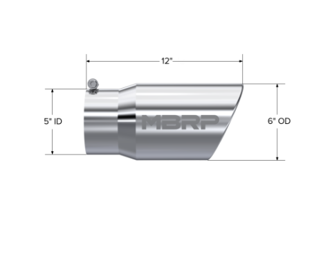 Exhaust Tail Pipe Tip 6 Inch O.D. Angled Rolled End 5 Inch Inlet 12 Inch Length T304 Stainless Steel MBRP