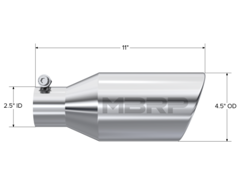Exhaust Tip 4 1/2 Inch O.D. Single Wall Angle Rolled End 2.5 Inch Inlet 11 Inch Length T304 Stainless Steel MBRP