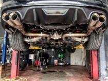 Cat Back Exhaust System 18-Pres Mustang GT Split Rear Quad Exit 3 in Quad 304 Stainless Steel Polished Tips Incl Hardware/Mid Muffler/X Pipe 409 Stainless Steel Natural Finish Pypes Exhaust