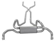 Crossmember Back Crossflow System w/H-Pipe Exhaust System 67-74 Split Rear Dual Exit 2.5 in Intermediate And Tail Pipe Race Pro Mufflers/Hardware Incl Tip Not Incl Natural 409 Stainless Steel Pypes Exhaust