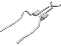 Crossmember Back w/X-Pipe Exhaust System 67-73 Mopar A-Body Split Rear Dual Exit 2.5 in Intermediate And Tail Pipe Hardware Incl Muffler And Tip Not Incl Pypes Exhaust