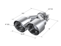 T304 Stainless Steel Tip 2.5 Inch ID Dual 4 Inch OD Out 9.55 Inch Length Single Wall MBRP