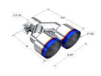 T304 Stainless Steel Burnt End Tip Pro Series 2.5 Inch ID Dual 4 Inch OD Out 9.55 Inch Length Single Wall MBRP